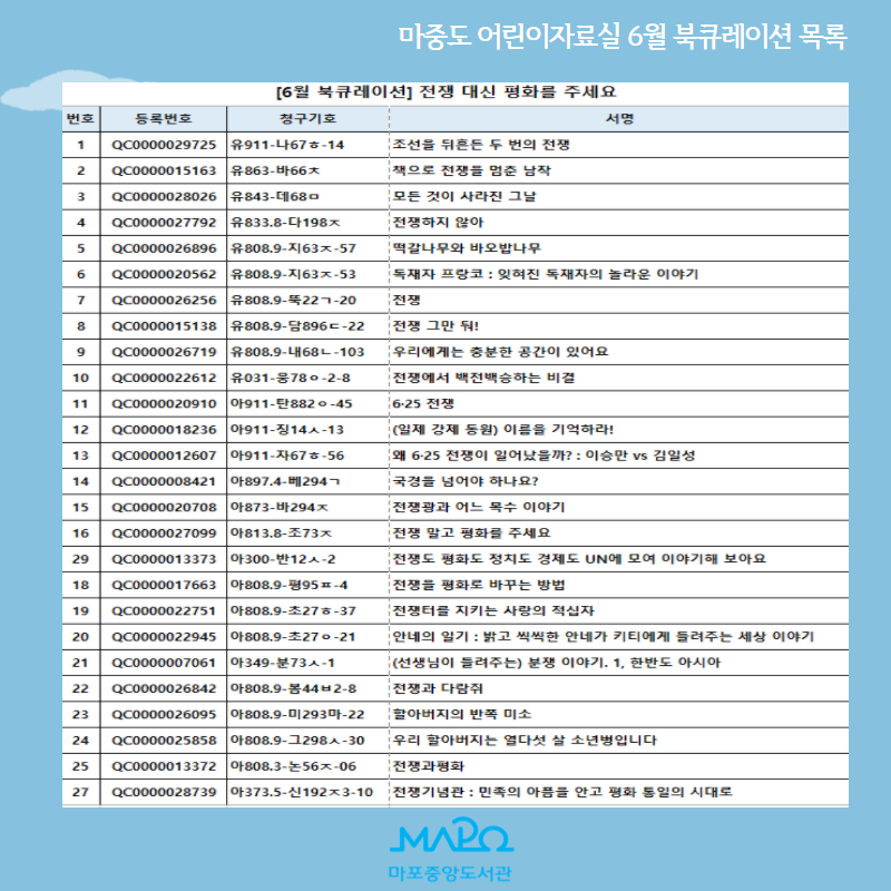 마중도 어린이자료실 6월 북큐레이션 목록
[6월 북큐레이션] 전쟁 대신 평화를 주세요