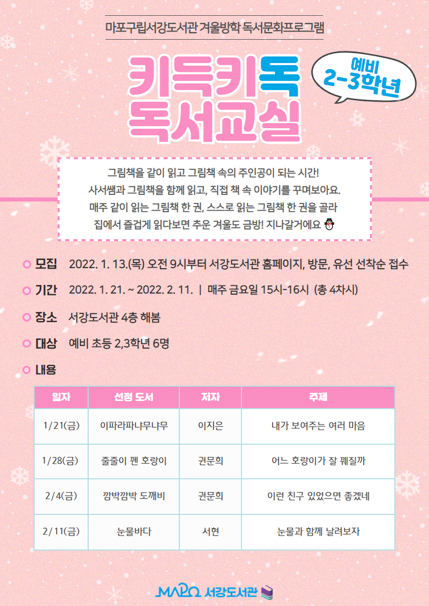[마포구립서강도서관 겨울방학 독서문화프로그램] 키득키독 독서교실 - 모집 : 2022. 1. 13.(목) 오전 9시부터 서강도서관 홈페이지, 방문, 유선 선착순 접수- 기간 : 2022. 1. 21. ~ 2022. 2. 11. ｜ 매주 금요일 15시-16시  (총 4차시) - 장소 : 서강도서관 4층 해봄 - 대상 : 예비 초등 2,3학년 6명 - 내용 ■ 이파라파냐무냐무 / 이지은 / 내가 보여주는 여러마음 ■ 줄줄이 꿴 호랑이 / 권문희 / 어느 호랑이가 잘 꿰질까 ■ 깜박깜박 도깨비 / 권문희 / 이런 친구 있었으면 좋겠네 ■ 눈물바다 / 서현 / 눈물과 함께 날려보자