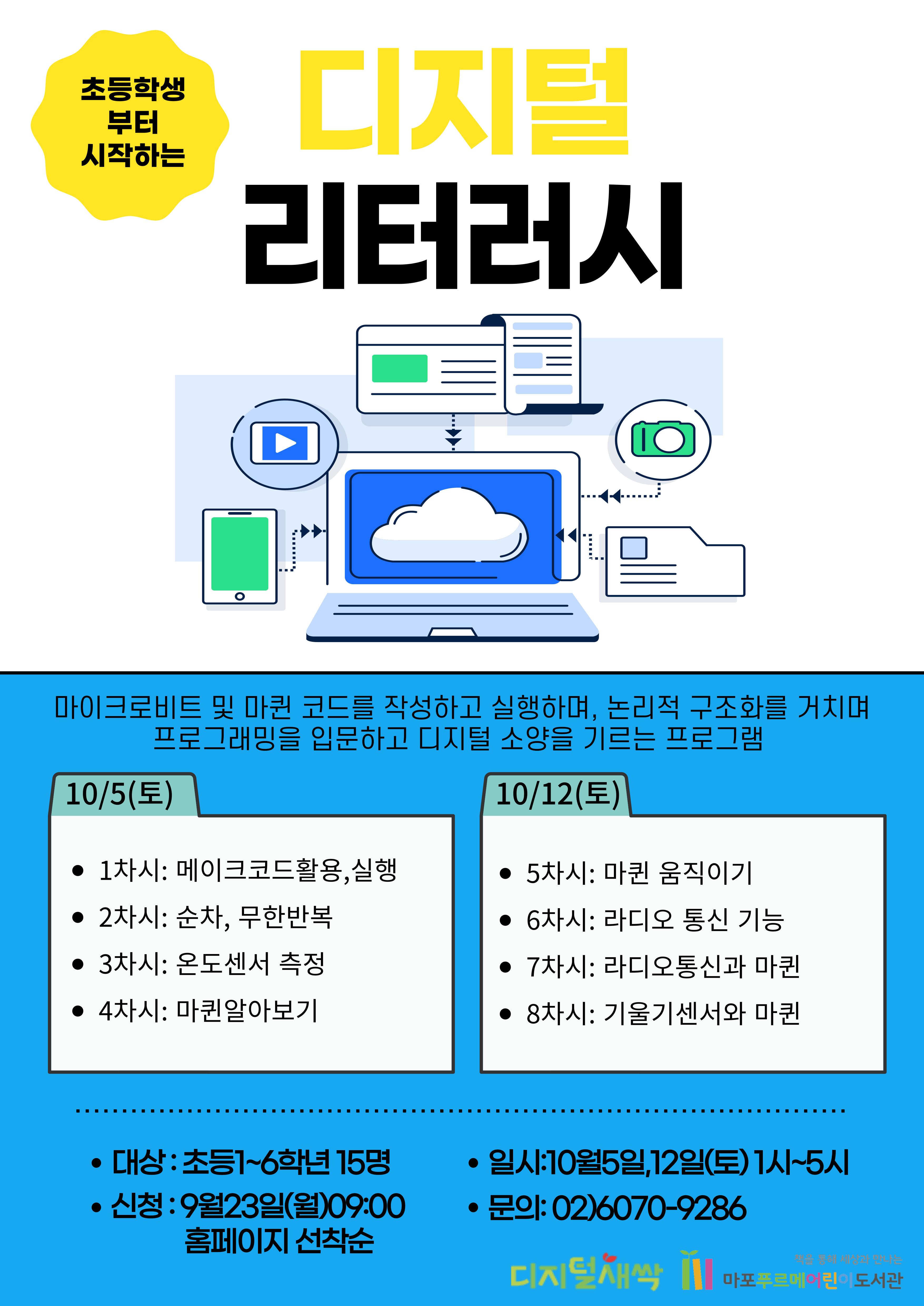 초등학생부터 시작하는 디지털 리터러시



마이크로비트 및 마퀸코드를 작성, 실행하여 논리적 구조화를 거치며 프로그래밍을 입문하고

디지털 소양을 기르는 프로그램



대상 : 초등학생 1~6학년 15명

일시 : 10월5일(토), 10월 12일(토) 13:00 ~ 16:40 (4차시씩 2회 / 총 8차시)

※2일 모두 참석 가능한 분만 신청 부탁드립니다.

신청 : 9월23일(월) 09:00 홈페이지 선착순

문의 : 02)6070-9286