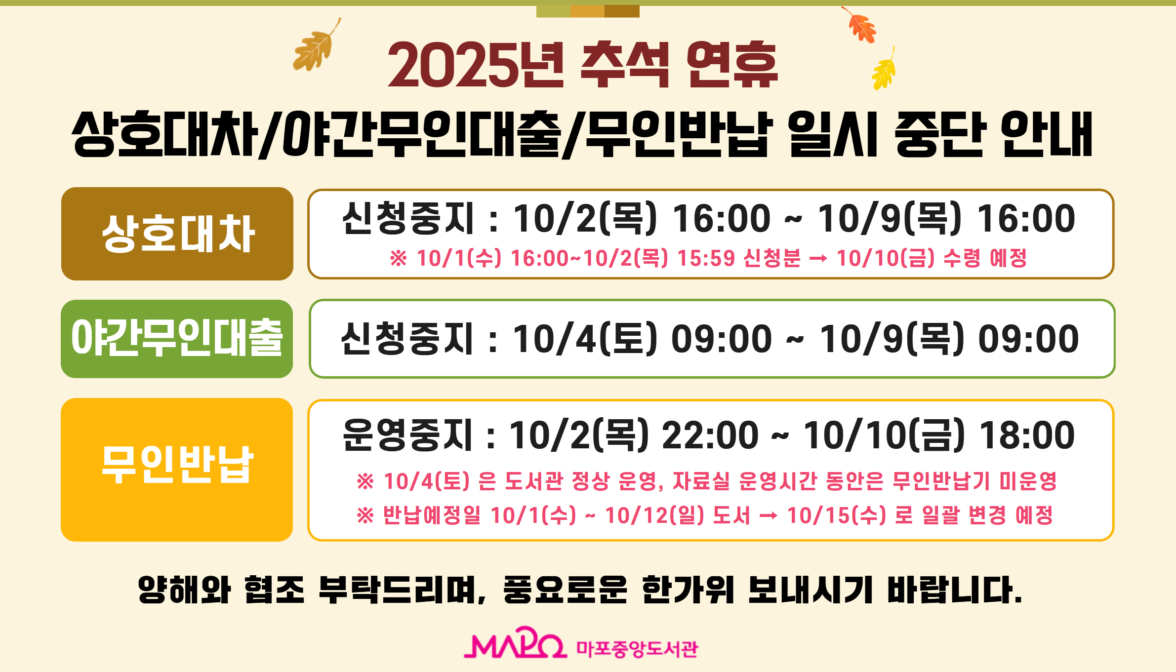<2025년 추석 연휴 상호대차/야간무인대출/무인반납 일시 운영 중단 안내>

추석 연휴와 관련하여 상호대차, 야간무인대출, 무인반납 운영을 아래와 같이 한시적으로 중단합니다.

- 상호대차 신청 중지 : 10/2(목) 16:00 ~ 10/9(목) 16:00
  ※ 10/1(수) 16:00 ~ 10/2(목) 15:59 신청분 → 10/10(금) 수령 예정
- 야간무인대출 신청 중지 : 10/4(토) 09:00 ~ 10/9(목) 09:00
- 무인반납 운영 중지 : 10/2(목) 22:00 ~ 10/10(금) 18:00
  ※ 10/4(토) 도서관 정상 운영, 자료실 운영시간 동안은 무인반납기 미운영 (부록함도 막아놓습니다)
  ※ 반납예정일 10/1(수) ~ 10/12(일) 도서 → 10/15(수) 로 일괄 변경 예정

이용자 여러분의 많은 양해와 협조 부탁드리며, 풍요로운 한가위 보내시기 바랍니다.
※ 문의 : 02-3153-5804