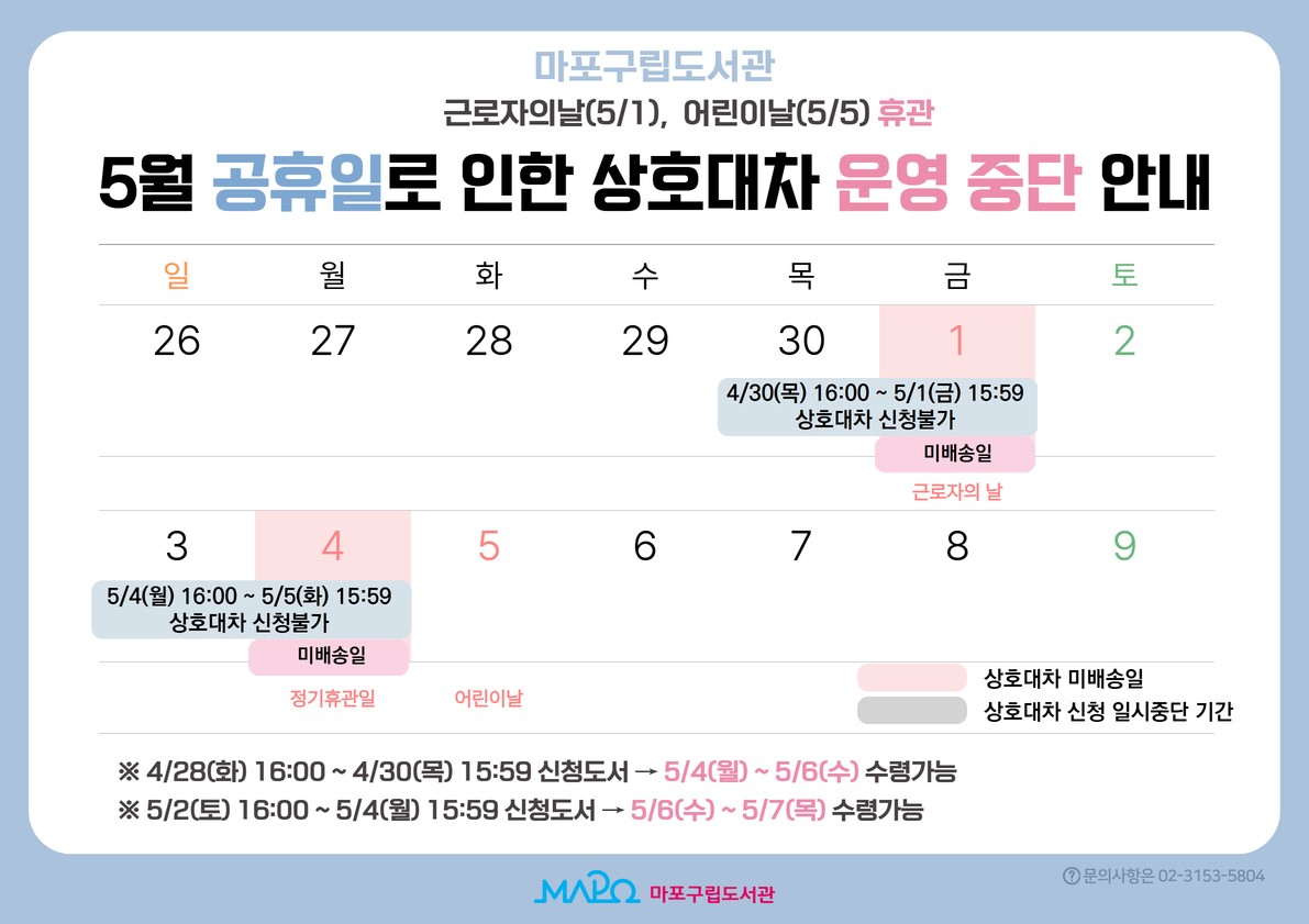 근로자의날(5/1) , 어린이날(5/5) 휴관에 따른 상호대차 운영 중지 안내