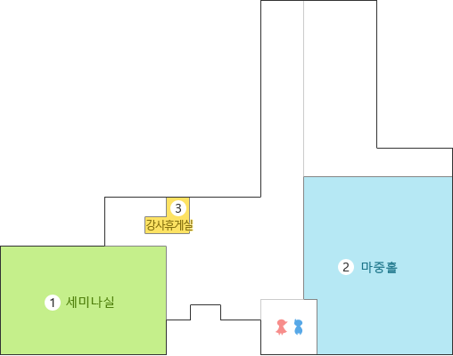 6층 단면도 : 세미나실을 기준으로 오른쪽으로 마중홀이 있고, 위쪽으로 강사휴게실이 있다
